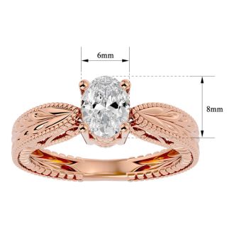 1 Carat Oval Shape Diamond Solitaire Engagement Ring with Tapered Etched Band In 14 Karat Rose Gold