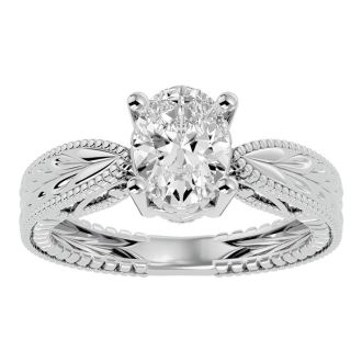 Moissanite Engagement Ring; 1 1/2 Carat Oval Shape Moissanite Solitaire Engagement Ring with Tapered Etched Band In 14 Karat White Gold