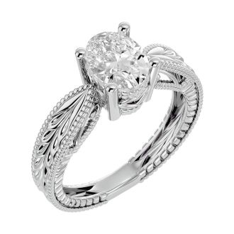 1 1/2 Carat Oval Shape Diamond Solitaire Engagement Ring with Tapered Etched Band In 14 Karat White Gold