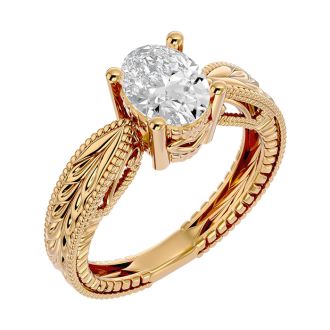 1 1/2 Carat Oval Shape Diamond Solitaire Engagement Ring with Tapered Etched Band In 14 Karat Yellow Gold