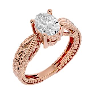 1 1/2 Carat Oval Shape Diamond Solitaire Engagement Ring with Tapered Etched Band In 14 Karat Rose Gold