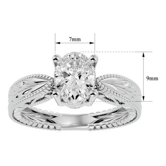 1 1/2 Carat Oval Shape Diamond Solitaire Engagement Ring with Tapered Etched Band In 14 Karat White Gold