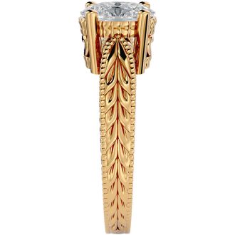 1 1/2 Carat Oval Shape Diamond Solitaire Engagement Ring with Tapered Etched Band In 14 Karat Yellow Gold