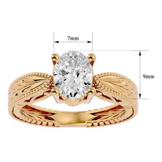 1 1/2 Carat Oval Shape Diamond Solitaire Engagement Ring with Tapered Etched Band In 14 Karat Yellow Gold