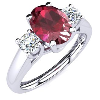 1.15 Carat Oval Shape Ruby and Two Diamond Ring In 925 Sterling Silver. Beautiful Ruby Gemstone!