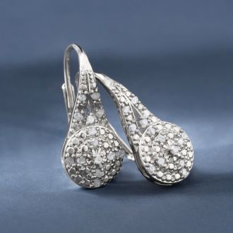Diamond Drop Earrings: Nearly 1/2 Carat Diamond Double Halo Leverback Hoop Earrings, 3/4 Inch.  Beautiful Shiny New Style!