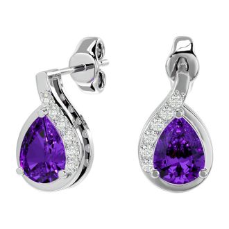 1 1/3 Carat Amethyst and Diamond Pear Shape Stud Earrings In 14 Karat White Gold 
