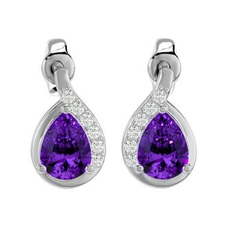 1 1/3 Carat Amethyst and Diamond Pear Shape Stud Earrings In 14 Karat White Gold 