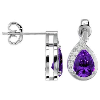 1 1/3 Carat Amethyst and Diamond Pear Shape Stud Earrings In 14 Karat White Gold 