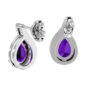 1 1/3 Carat Amethyst and Diamond Pear Shape Stud Earrings In 14 Karat White Gold 