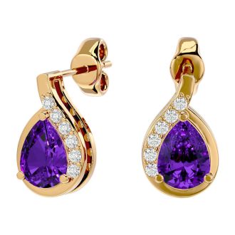 1 1/3 Carat Amethyst and Diamond Pear Shape Stud Earrings In 14 Karat Yellow Gold 