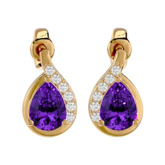 1 1/3 Carat Amethyst and Diamond Pear Shape Stud Earrings In 14 Karat Yellow Gold 