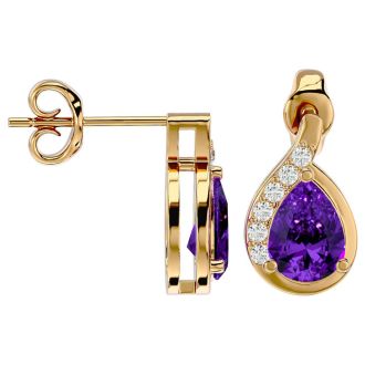 1 1/3 Carat Amethyst and Diamond Pear Shape Stud Earrings In 14 Karat Yellow Gold 