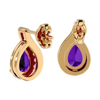 1 1/3 Carat Amethyst and Diamond Pear Shape Stud Earrings In 14 Karat Yellow Gold 