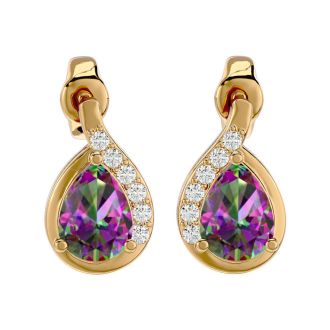 1 1/3 Carat Mystic Topaz and Diamond Pear Shape Stud Earrings In 14 Karat Yellow Gold 