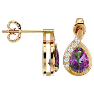 1 1/3 Carat Mystic Topaz and Diamond Pear Shape Stud Earrings In 14 Karat Yellow Gold 