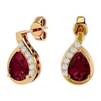 Garnet Earrings: Garnet Jewelry: 2 Carat Garnet and Diamond Pear Shape Stud Earrings In 14 Karat Yellow Gold 