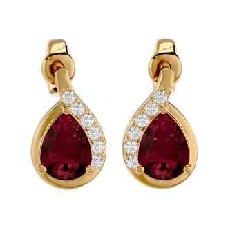 Garnet Earrings: Garnet Jewelry: 2 Carat Garnet and Diamond Pear Shape Stud Earrings In 14 Karat Yellow Gold 