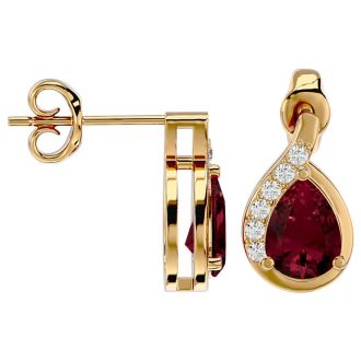 Garnet Earrings: Garnet Jewelry: 2 Carat Garnet and Diamond Pear Shape Stud Earrings In 14 Karat Yellow Gold 
