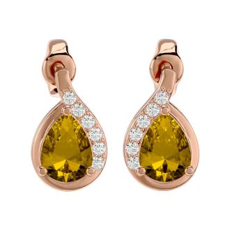 1 1/3 Carat Citrine and Diamond Pear Shape Stud Earrings In 14 Karat Rose Gold 
