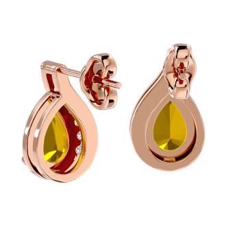 1 1/3 Carat Citrine and Diamond Pear Shape Stud Earrings In 14 Karat Rose Gold 