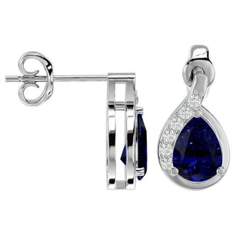 1 3/4 Carat Sapphire and Diamond Pear Shape Stud Earrings In 14 Karat White Gold 