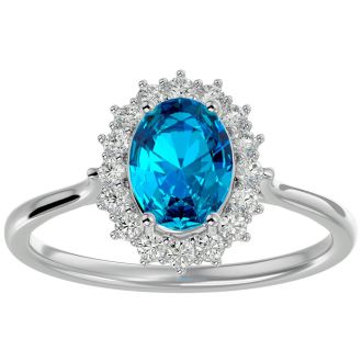 1 3/4 Carat Oval Shape Blue Topaz and Halo Diamond Ring In 14 Karat White Gold