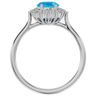 1 3/4 Carat Oval Shape Blue Topaz and Halo Diamond Ring In 14 Karat White Gold