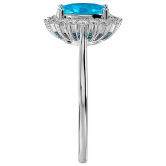 1 3/4 Carat Oval Shape Blue Topaz and Halo Diamond Ring In 14 Karat White Gold