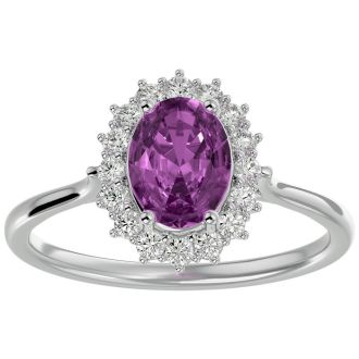 Pink Gemstones 1 3/4 Carat Oval Shape Pink Topaz and Halo Diamond Ring In 14 Karat White Gold