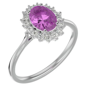 Pink Gemstones 1 3/4 Carat Oval Shape Pink Topaz and Halo Diamond Ring In 14 Karat White Gold