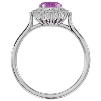 Pink Gemstones 1 3/4 Carat Oval Shape Pink Topaz and Halo Diamond Ring In 14 Karat White Gold