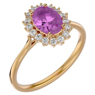 Pink Gemstones 1 3/4 Carat Oval Shape Pink Topaz and Halo Diamond Ring In 14 Karat Yellow Gold