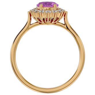 Pink Gemstones 1 3/4 Carat Oval Shape Pink Topaz and Halo Diamond Ring In 14 Karat Yellow Gold