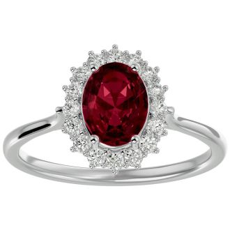 Garnet Ring: Garnet Jewelry: 1 3/4 Carat Oval Shape Garnet and Halo Diamond Ring In 14 Karat White Gold