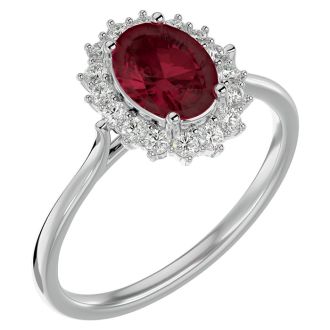 Garnet Ring: Garnet Jewelry: 1 3/4 Carat Oval Shape Garnet and Halo Diamond Ring In 14 Karat White Gold