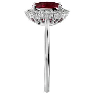 Garnet Ring: Garnet Jewelry: 1 3/4 Carat Oval Shape Garnet and Halo Diamond Ring In 14 Karat White Gold