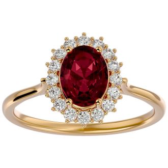 Garnet Ring: Garnet Jewelry: 1 3/4 Carat Oval Shape Garnet and Halo Diamond Ring In 14 Karat Yellow Gold
