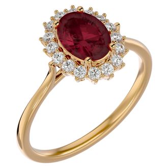 Garnet Ring: Garnet Jewelry: 1 3/4 Carat Oval Shape Garnet and Halo Diamond Ring In 14 Karat Yellow Gold