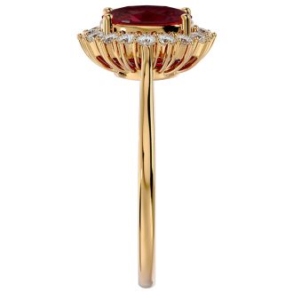 Garnet Ring: Garnet Jewelry: 1 3/4 Carat Oval Shape Garnet and Halo Diamond Ring In 14 Karat Yellow Gold