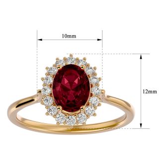 Garnet Ring: Garnet Jewelry: 1 3/4 Carat Oval Shape Garnet and Halo Diamond Ring In 14 Karat Yellow Gold