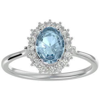 Aquamarine Ring: Aquamarine Jewelry: 1.40 Carat Oval Shape Aquamarine and Halo Diamond Ring In 14 Karat White Gold