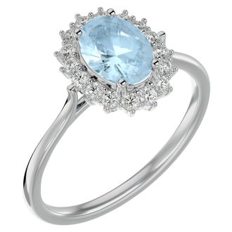 Aquamarine Ring: Aquamarine Jewelry: 1.40 Carat Oval Shape Aquamarine and Halo Diamond Ring In 14 Karat White Gold