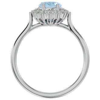 Aquamarine Ring: Aquamarine Jewelry: 1.40 Carat Oval Shape Aquamarine and Halo Diamond Ring In 14 Karat White Gold