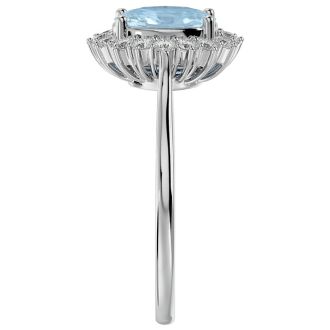 Aquamarine Ring: Aquamarine Jewelry: 1.40 Carat Oval Shape Aquamarine and Halo Diamond Ring In 14 Karat White Gold
