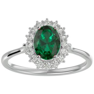 1.40 Carat Oval Shape Emerald and Halo Diamond Ring In 14 Karat White Gold
