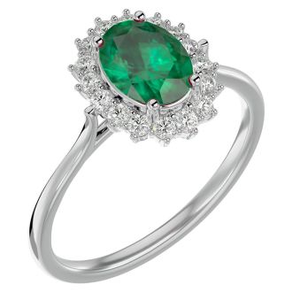 1.40 Carat Oval Shape Emerald and Halo Diamond Ring In 14 Karat White Gold