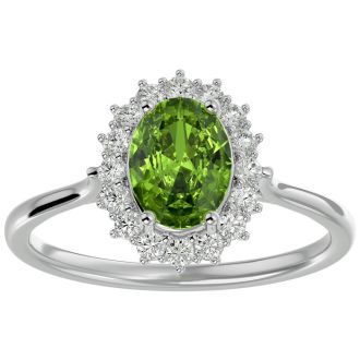 1.60 Carat Oval Shape Peridot and Halo Diamond Ring In 14 Karat White Gold