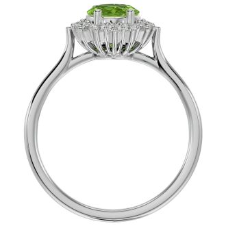 1.60 Carat Oval Shape Peridot and Halo Diamond Ring In 14 Karat White Gold