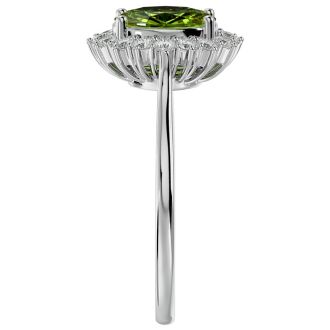 1.60 Carat Oval Shape Peridot and Halo Diamond Ring In 14 Karat White Gold